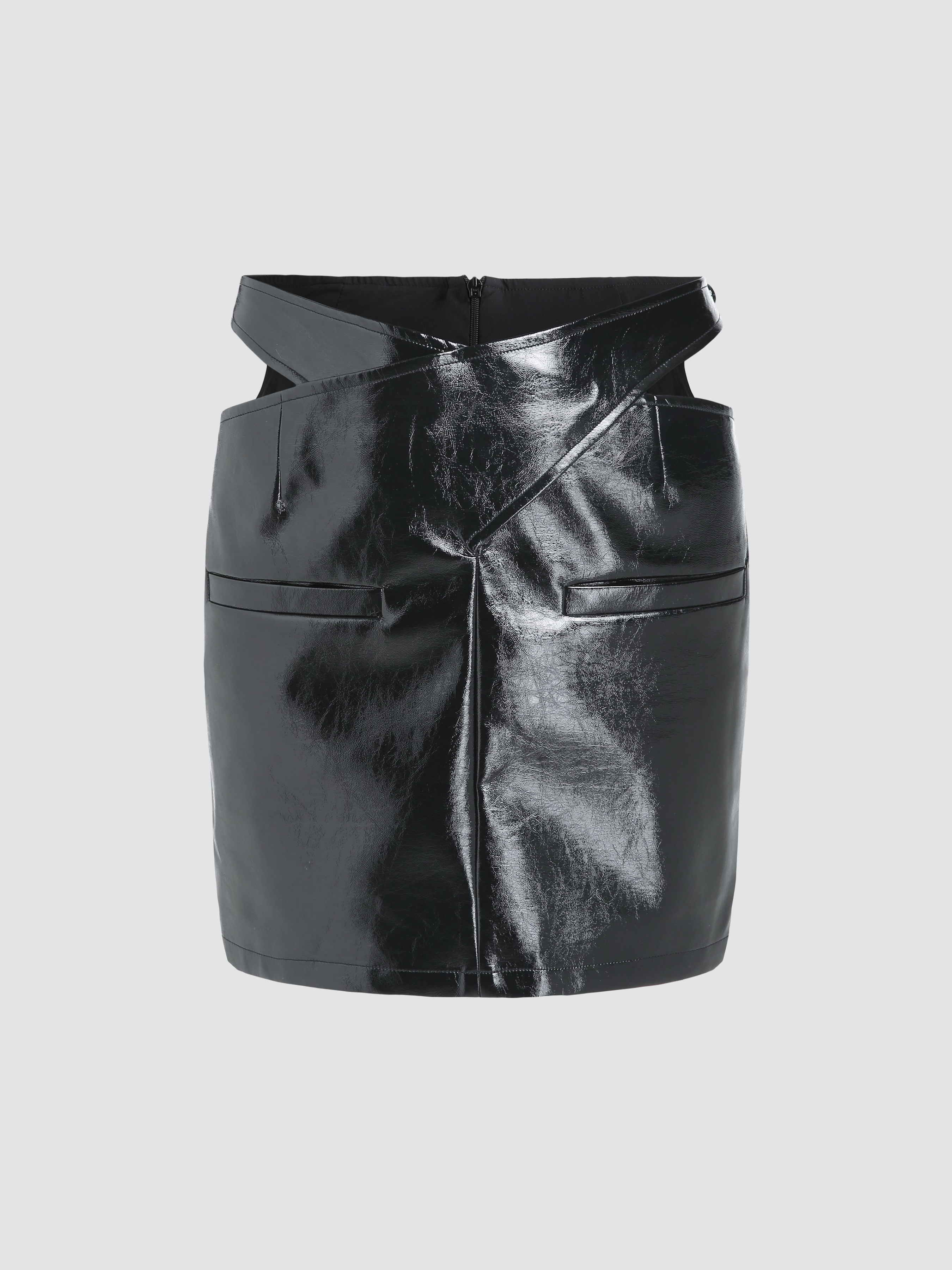 Cut-Out Cross Waist Leather Mini Skirt - Cider