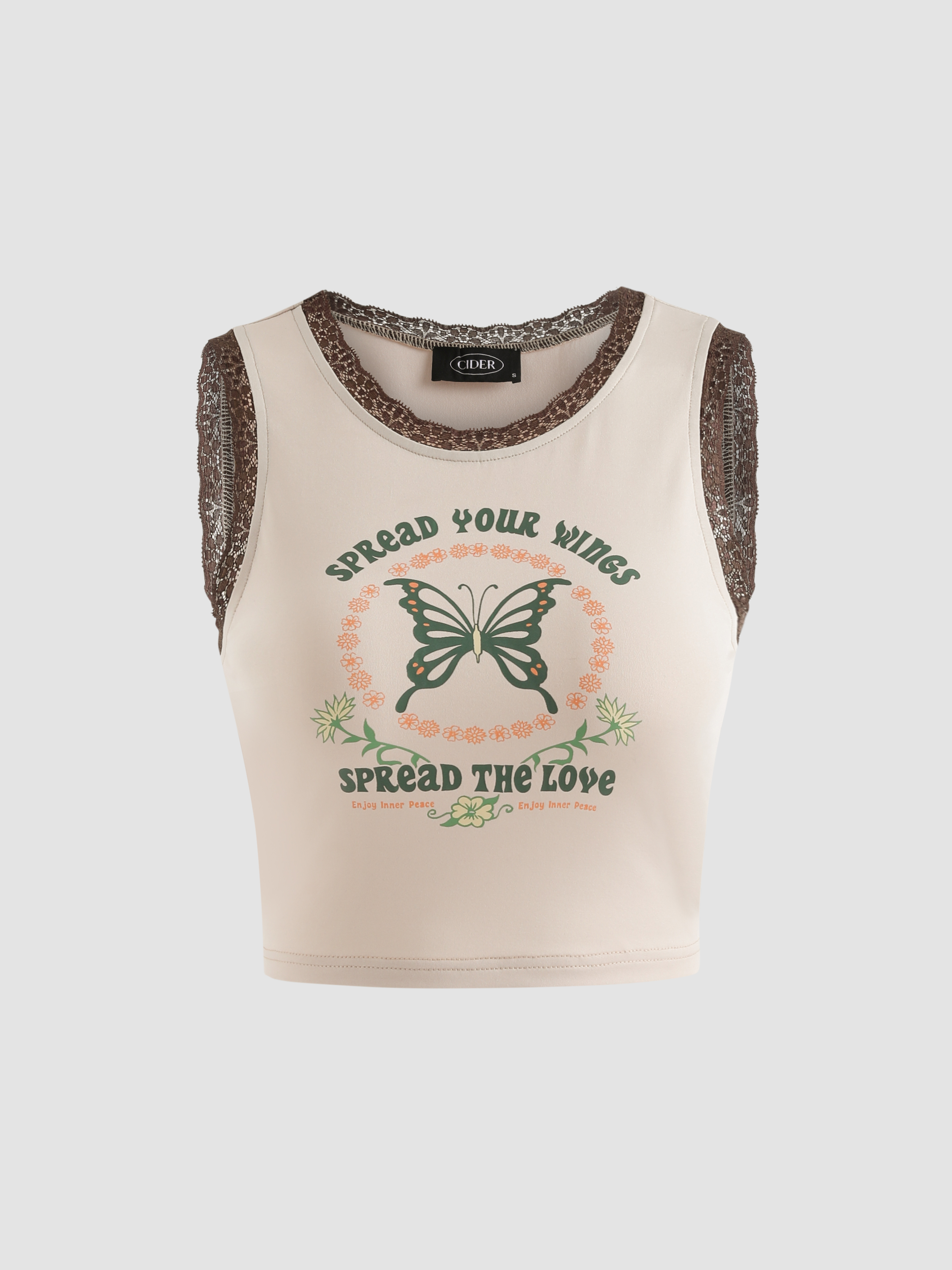 Butterfly Floral Lace Trim Tank Top