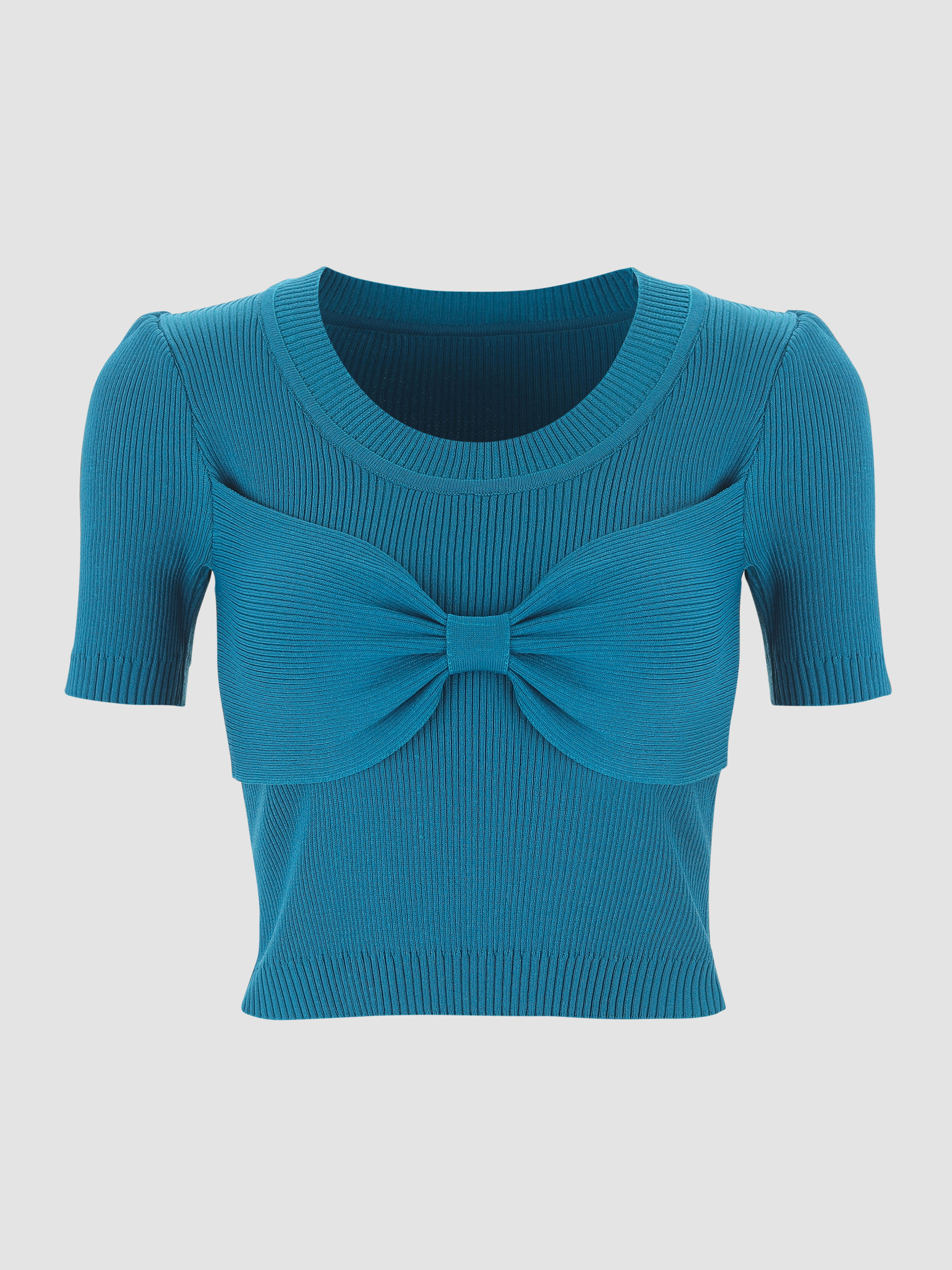 Knit Fabric Basic Front Bow Short Sleeves Sweater