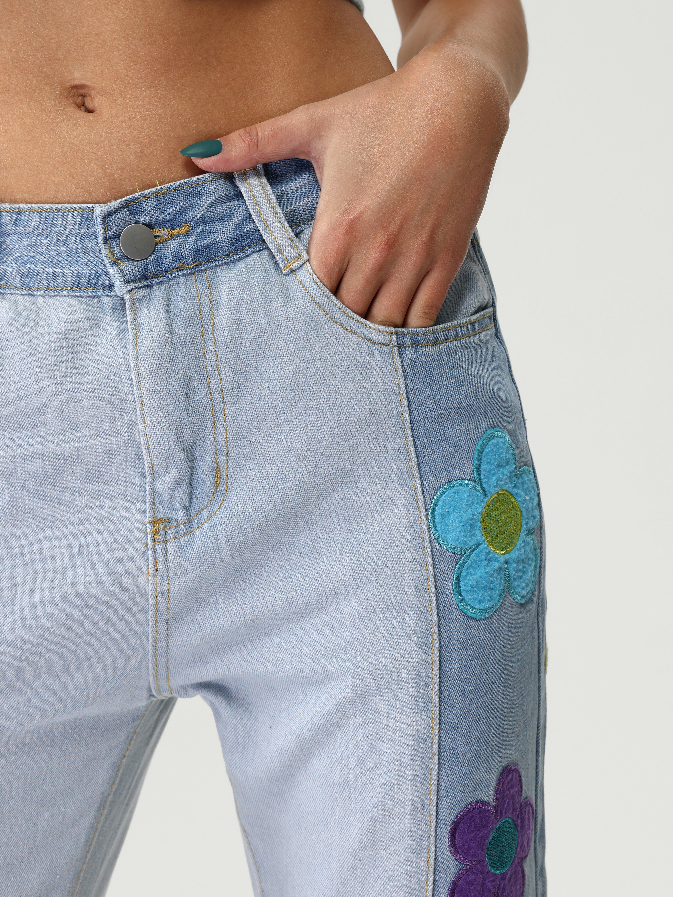 Flowers in My Pocket Embroidered Jeans - Wicked AF Blue / L