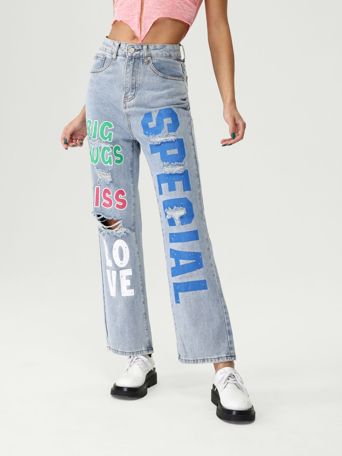 Letters Print Ripped Denim Jeans