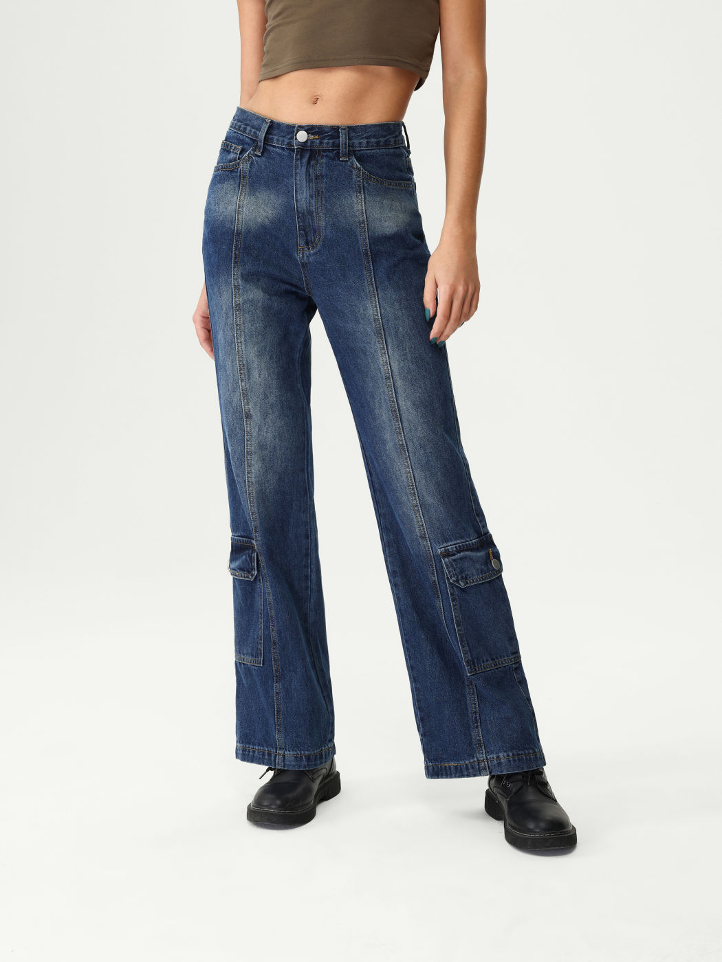 High Rise Seitentaschen Gerade Jeans