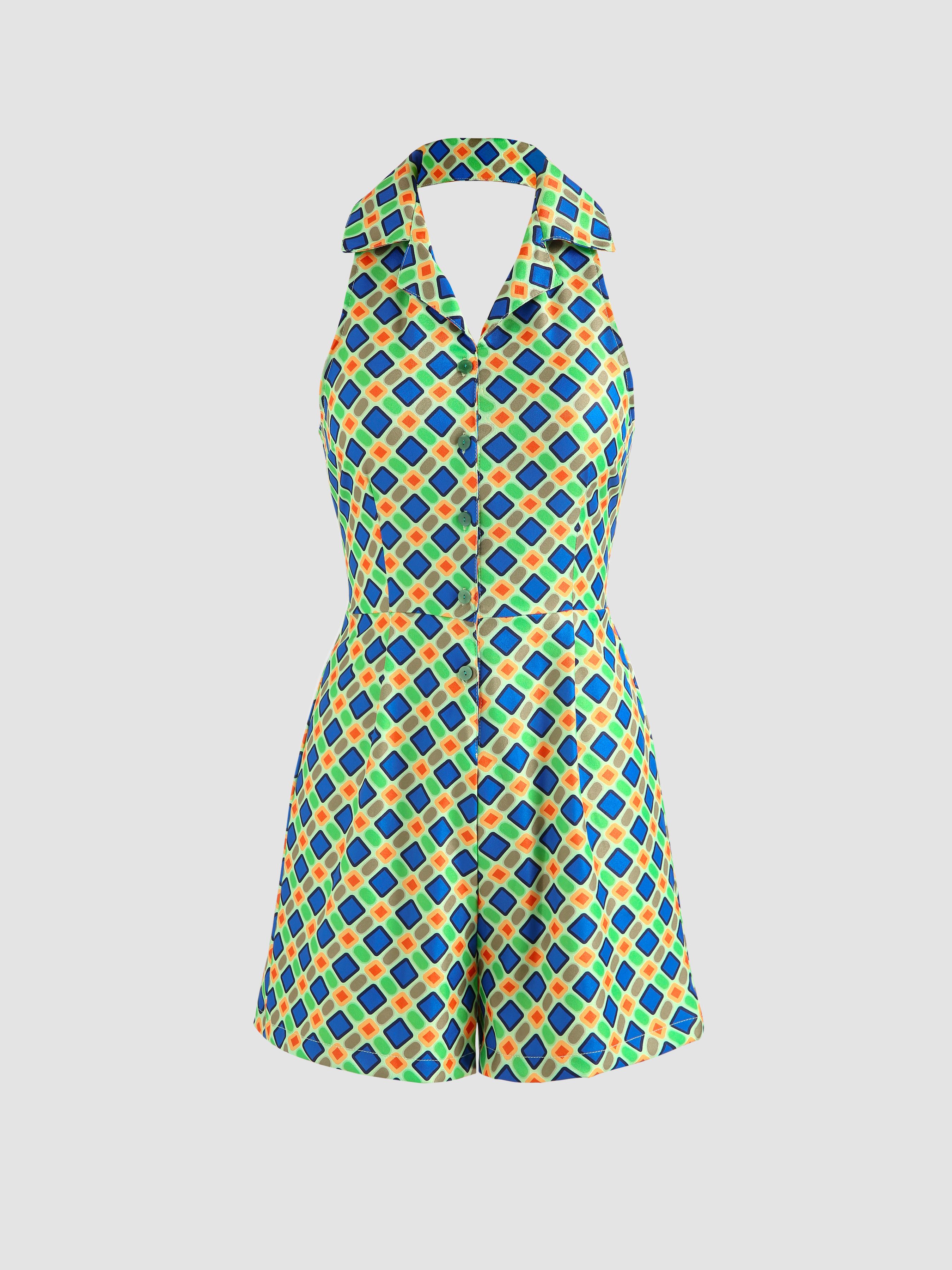 Geometric Pattern Collared Romper For Vacation
