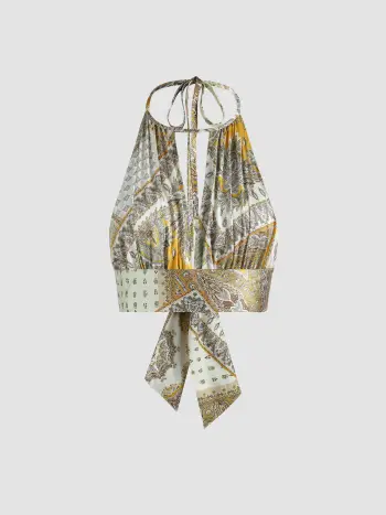  Boho Paisley Top de Tirantes Crop sin Espalda
