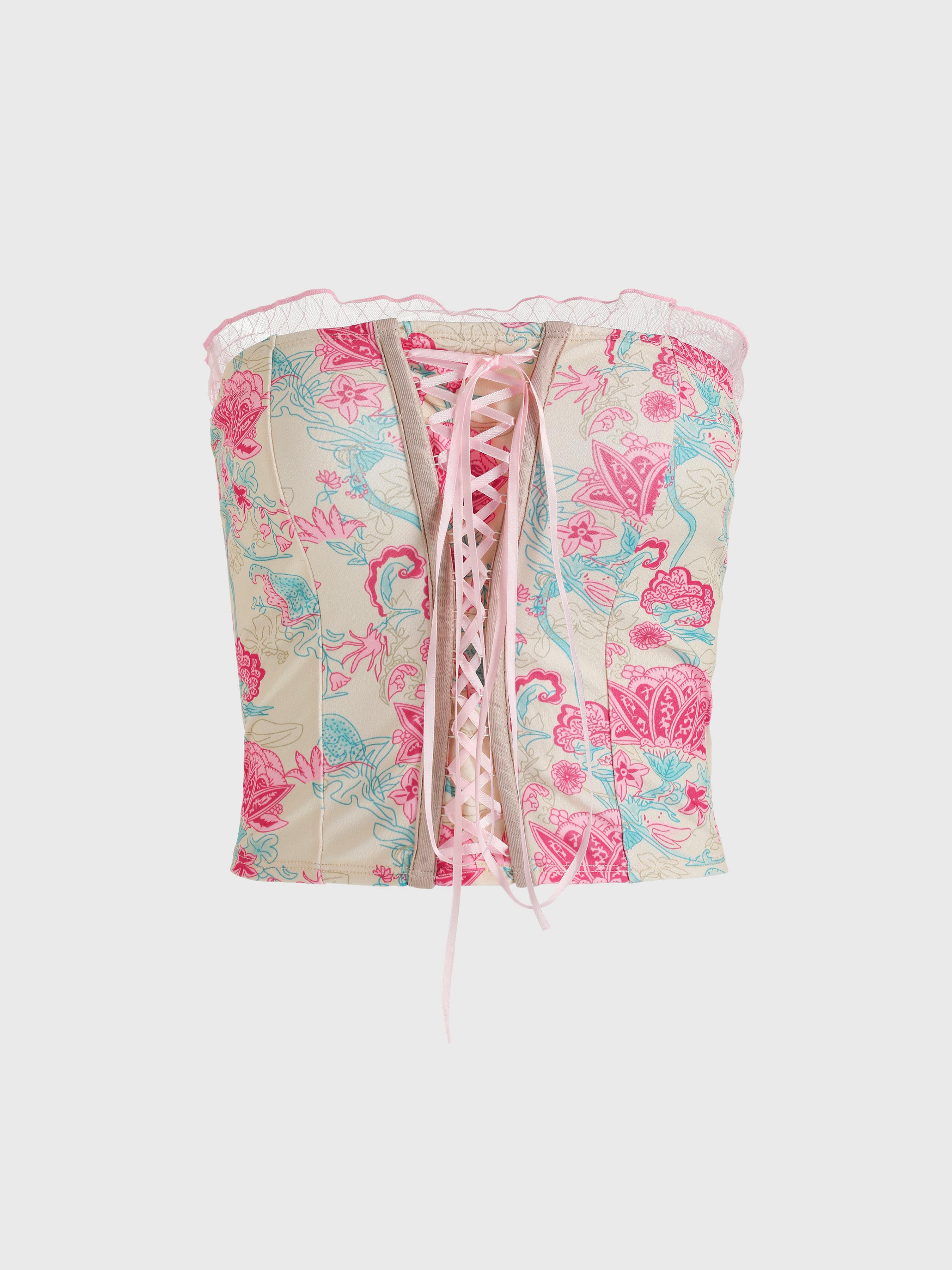 Floral Lace Up Corset Tank Top Cider