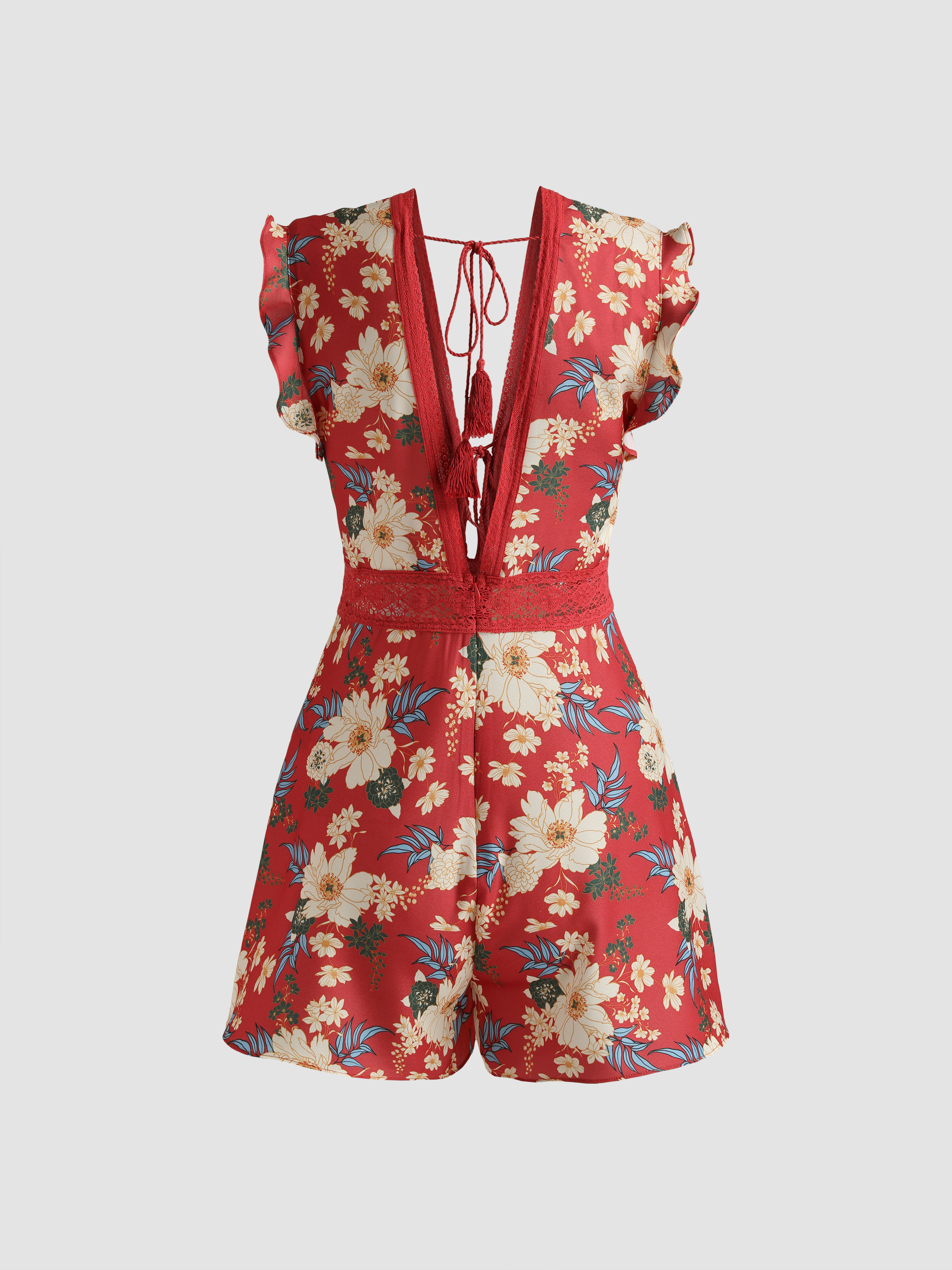 Woven Floral Lace Deep V Neck Romper For Vacation