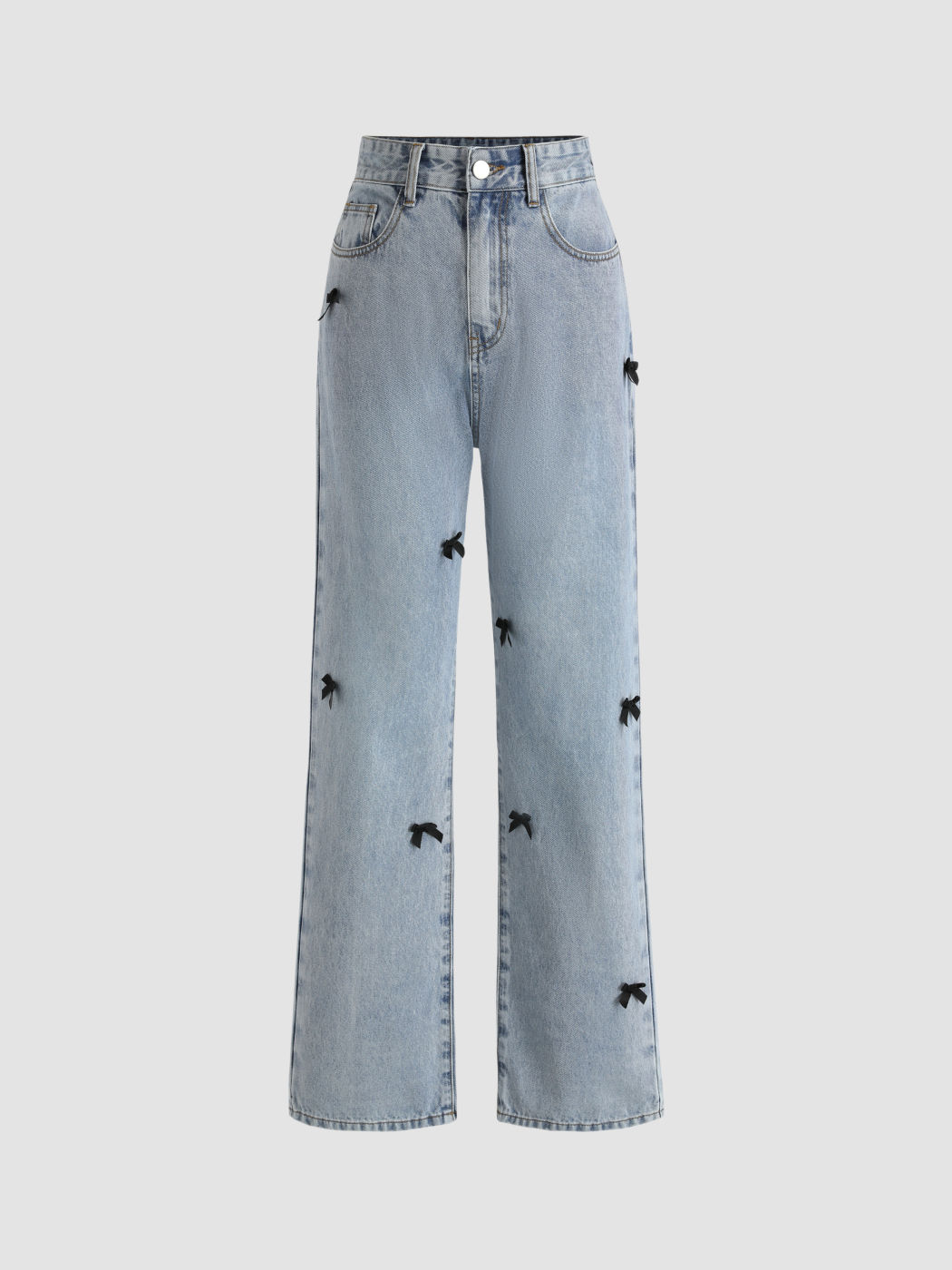 Mid Rise Bowknot Straight Leg Jeans