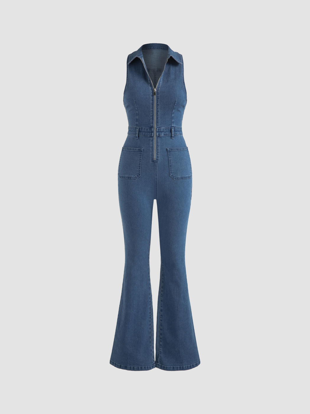 Denim-Kragen Flarebein Overalls
