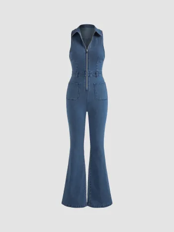 Denim-Kragen Flarebein Overalls