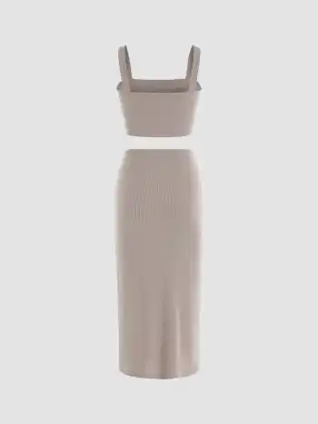Solid Rib Crop Tank Top & Slit Skirt Set