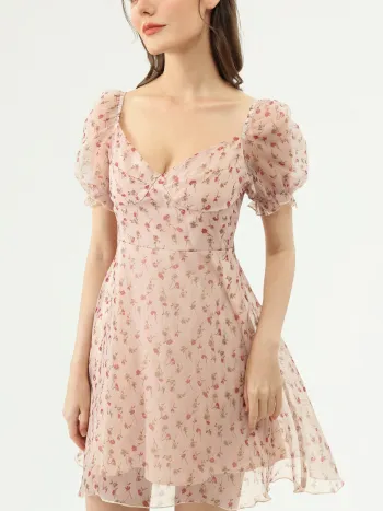  Romantische Gesten Puffärmel Kurzes Kleid
