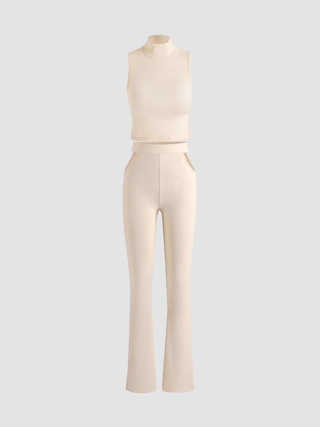 Solid Rib Knot Crop Top & Trousers Set