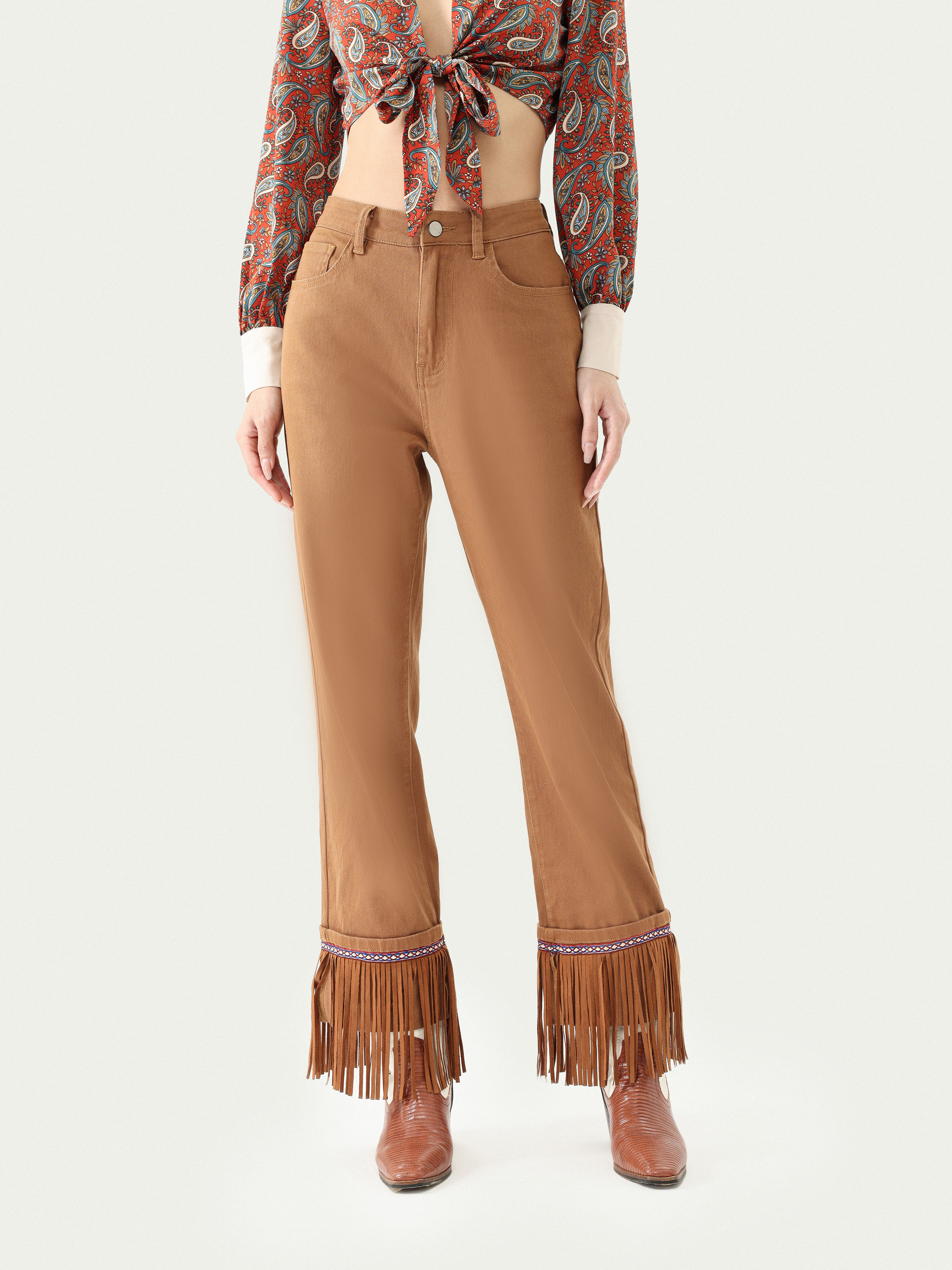 Mesh Patched High Waist Tassel Flared Trousers - Cider