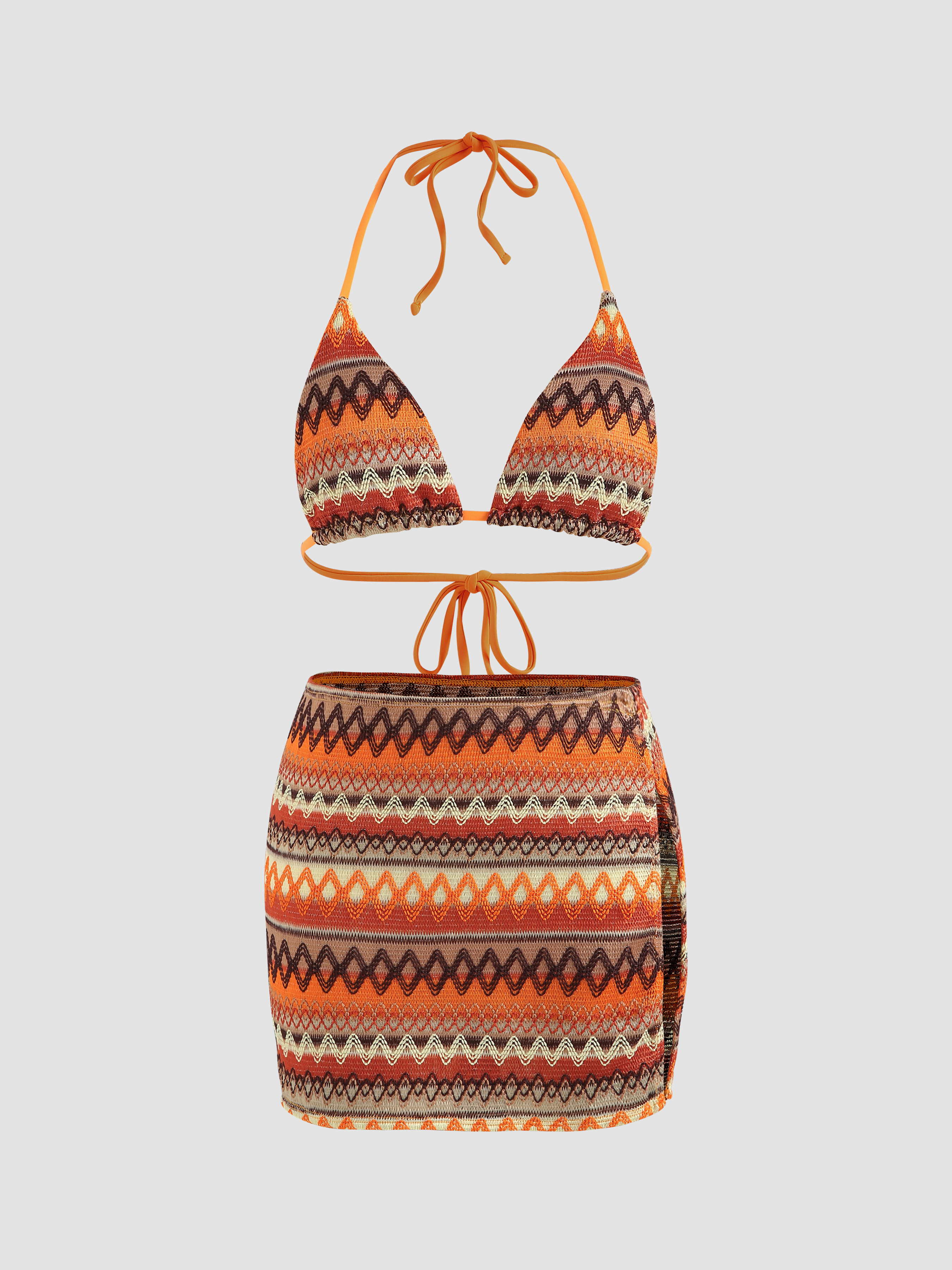 Knit Halter Triangle Bikini Set With Beach Skirt