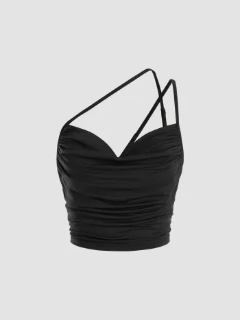  Solids Gerafftes Cowl Neck Crop Tank Top