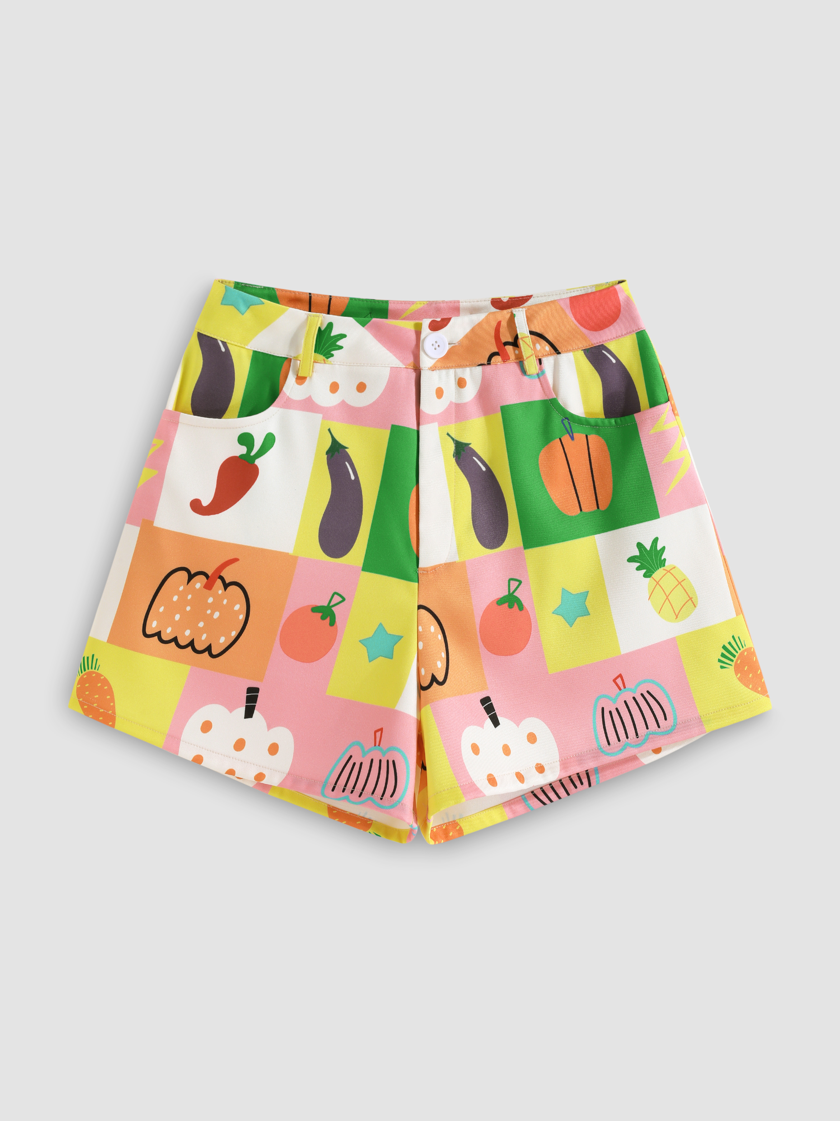 Colorful Patchy Fruit & Vegetable Shorts - Cider