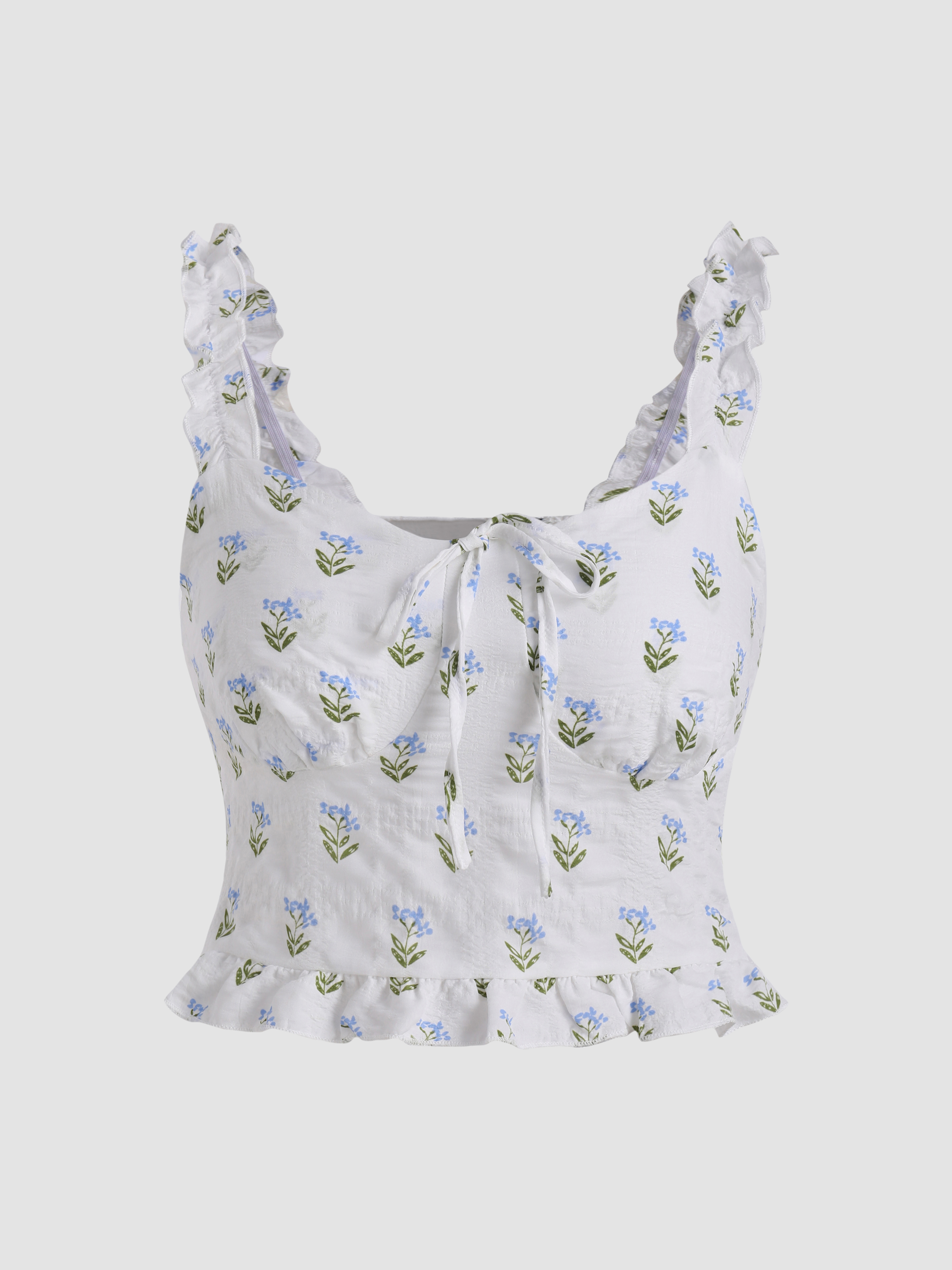 Floral Shirred Ruffle Knotted Tank Top - Cider