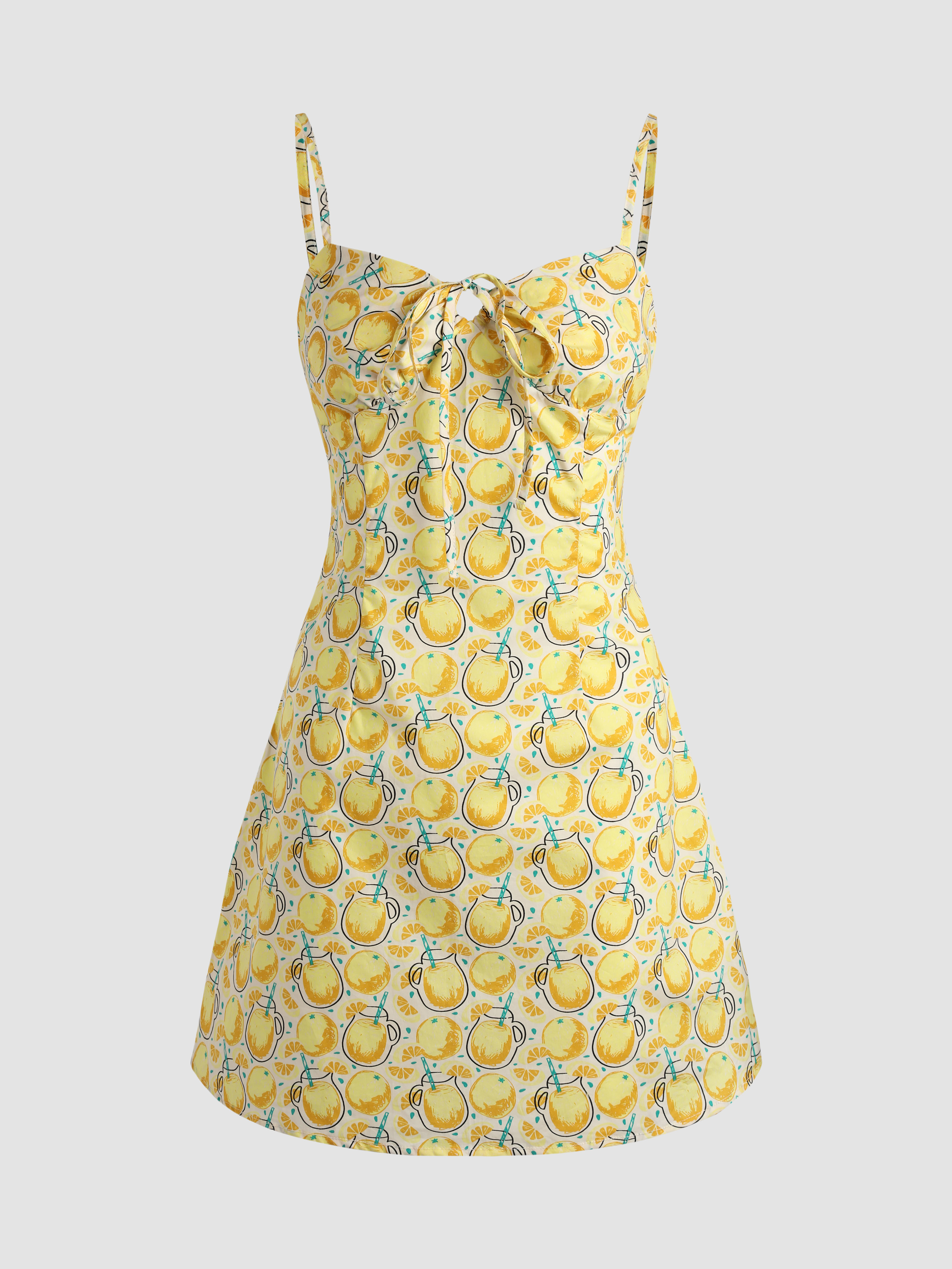 Vestido cami com estampa de frutas e amarração frontal - Cider