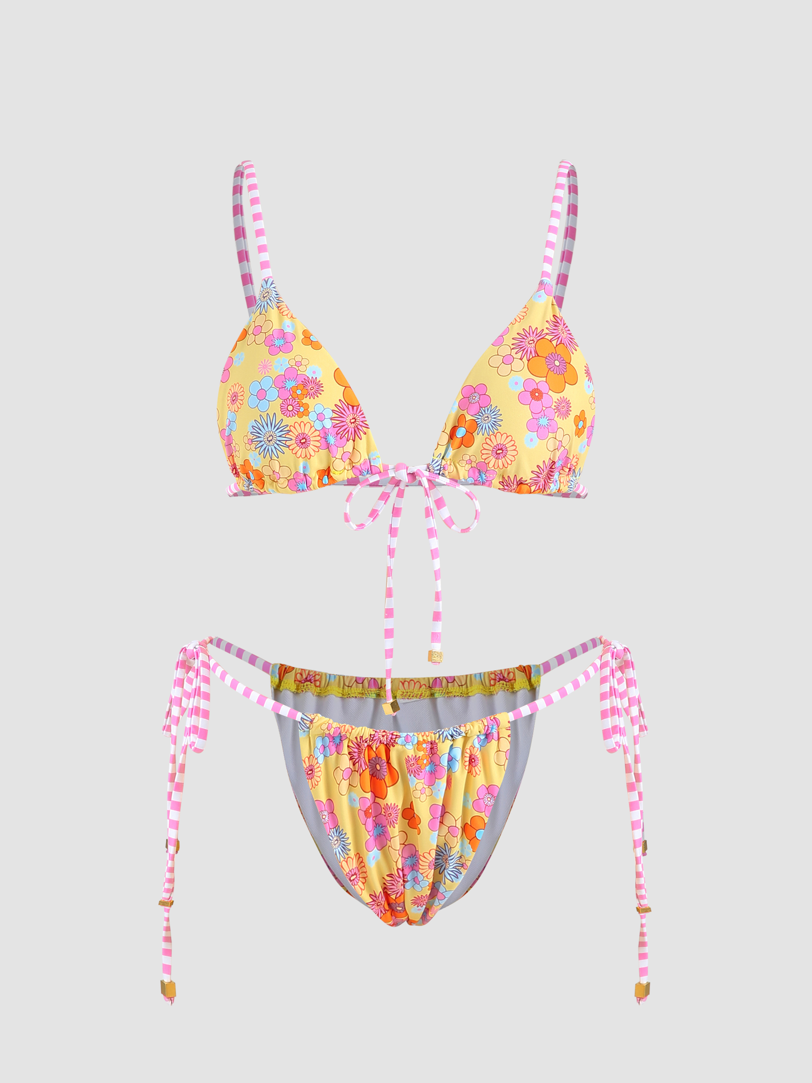 Floral Striped Patchwork Triangle Bikini Set Cider 3242