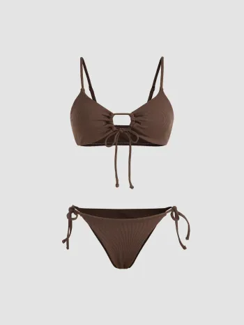 Solid O-Ring Front Tied Bikini Set