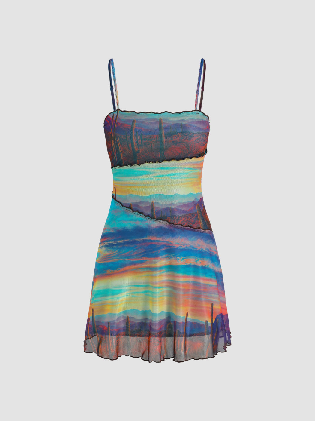 Sunset Mountain Print Stitch Mini Dress