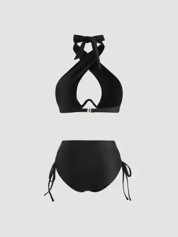 Solid Criss Cross Halter Bikini Set