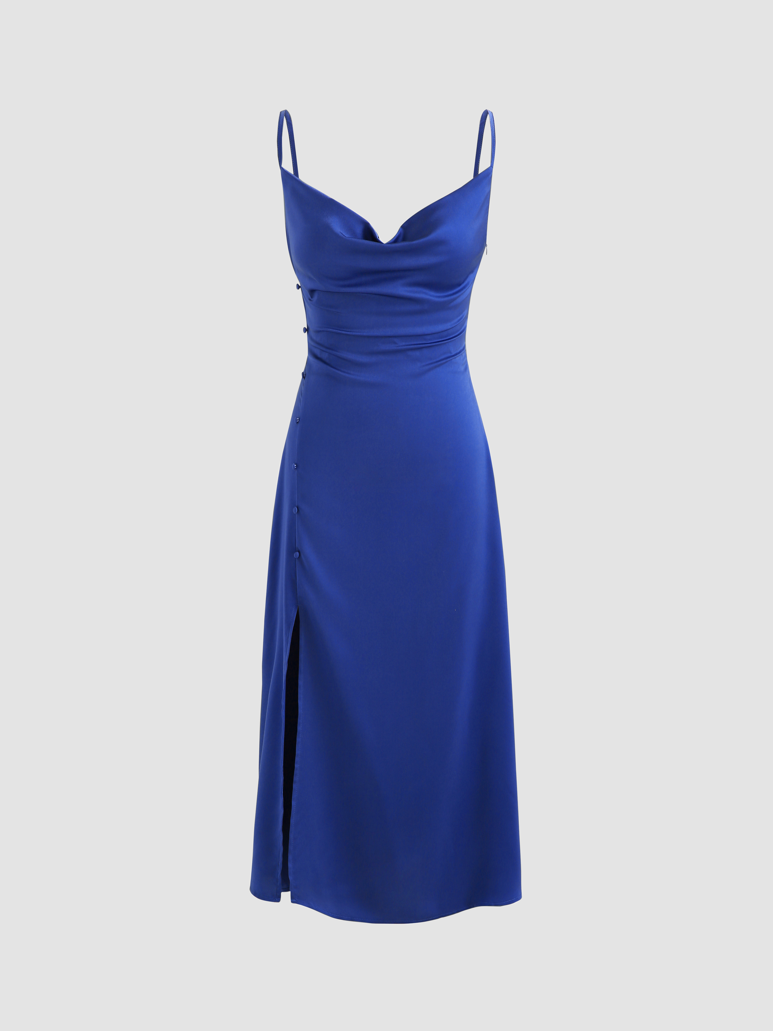 Solid Cowl Neck Slit Midi Dress