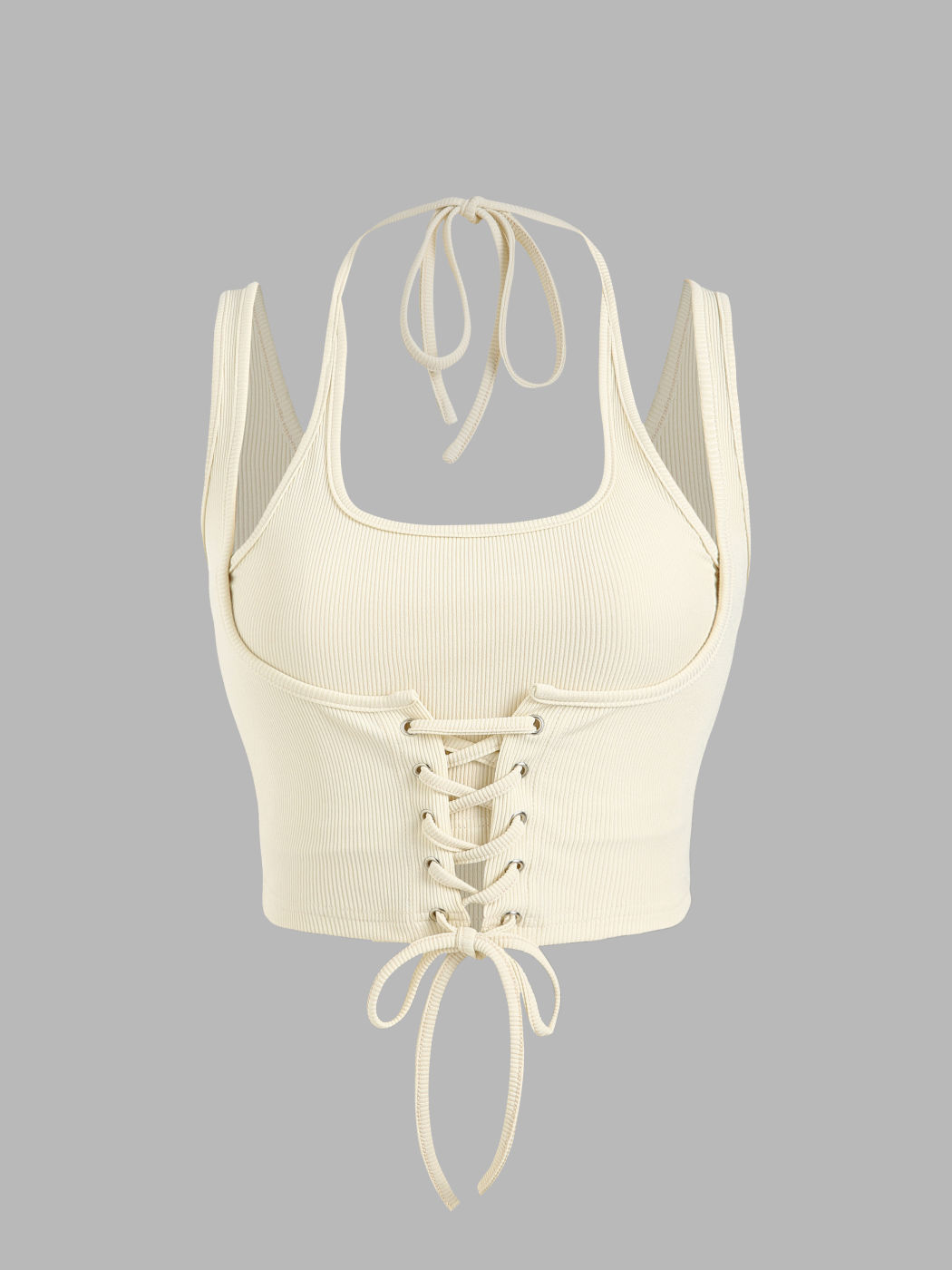  Einfarbiges Schnür-Rippstrick-Crop-Cami-Top