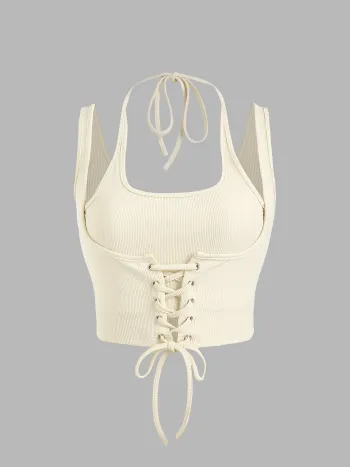  Einfarbiges Schnür-Rippstrick-Crop-Cami-Top