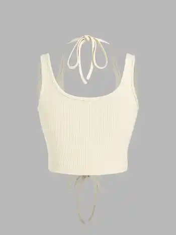 Einfarbiges Schnür-Rippstrick-Crop-Cami-Top