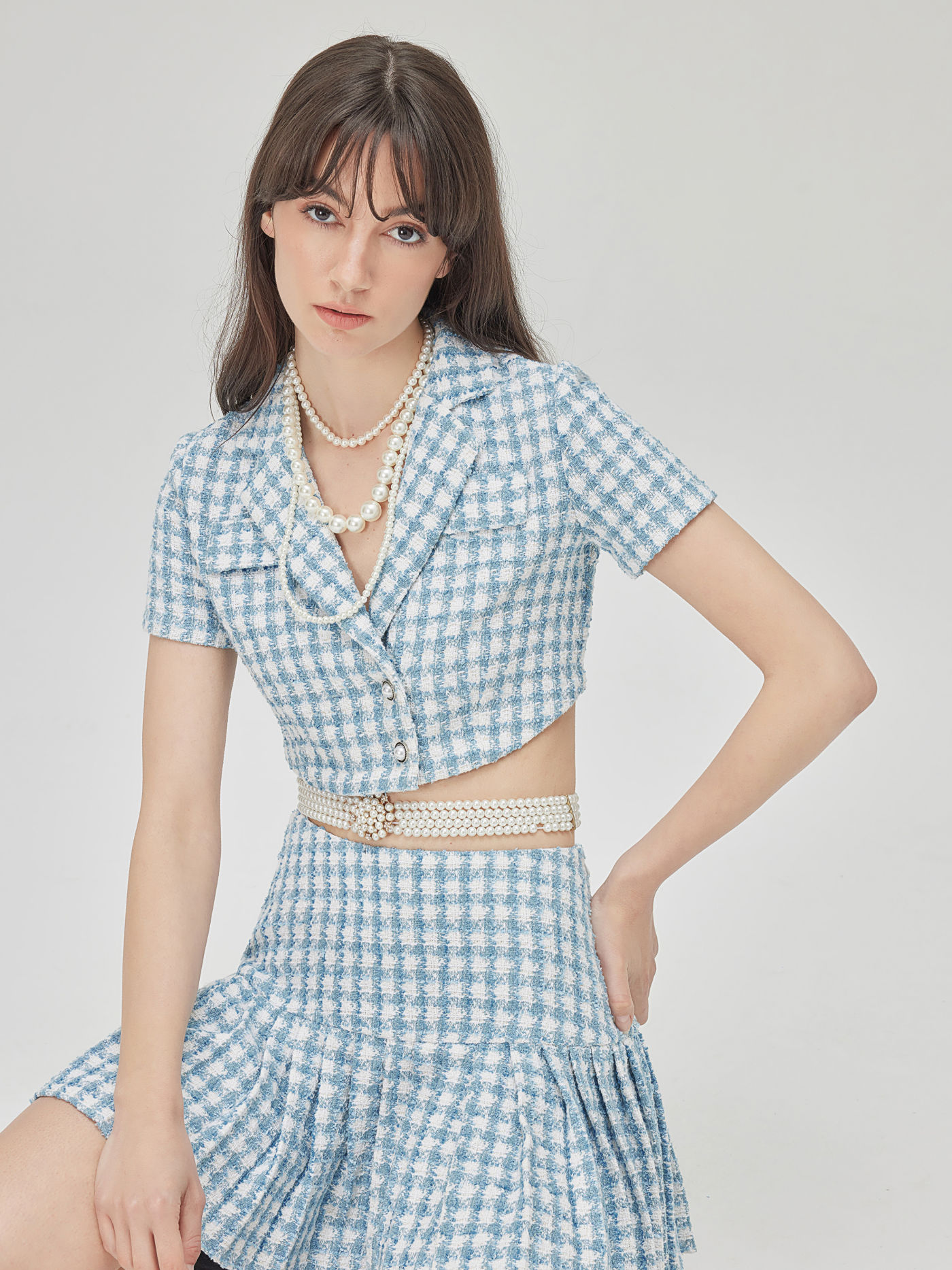 Double-Breasted Tweed Collared Crop Top
