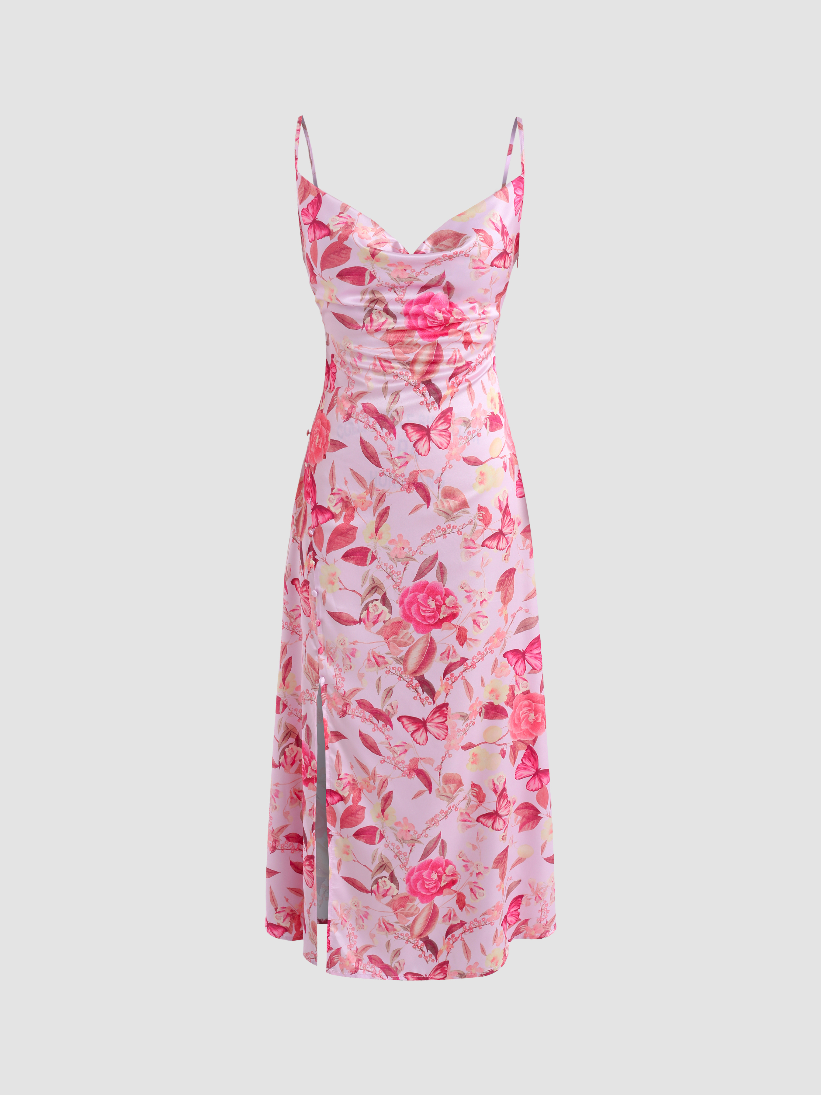 Cowl Neck Butterfly & Floral Midi Dress - Cider