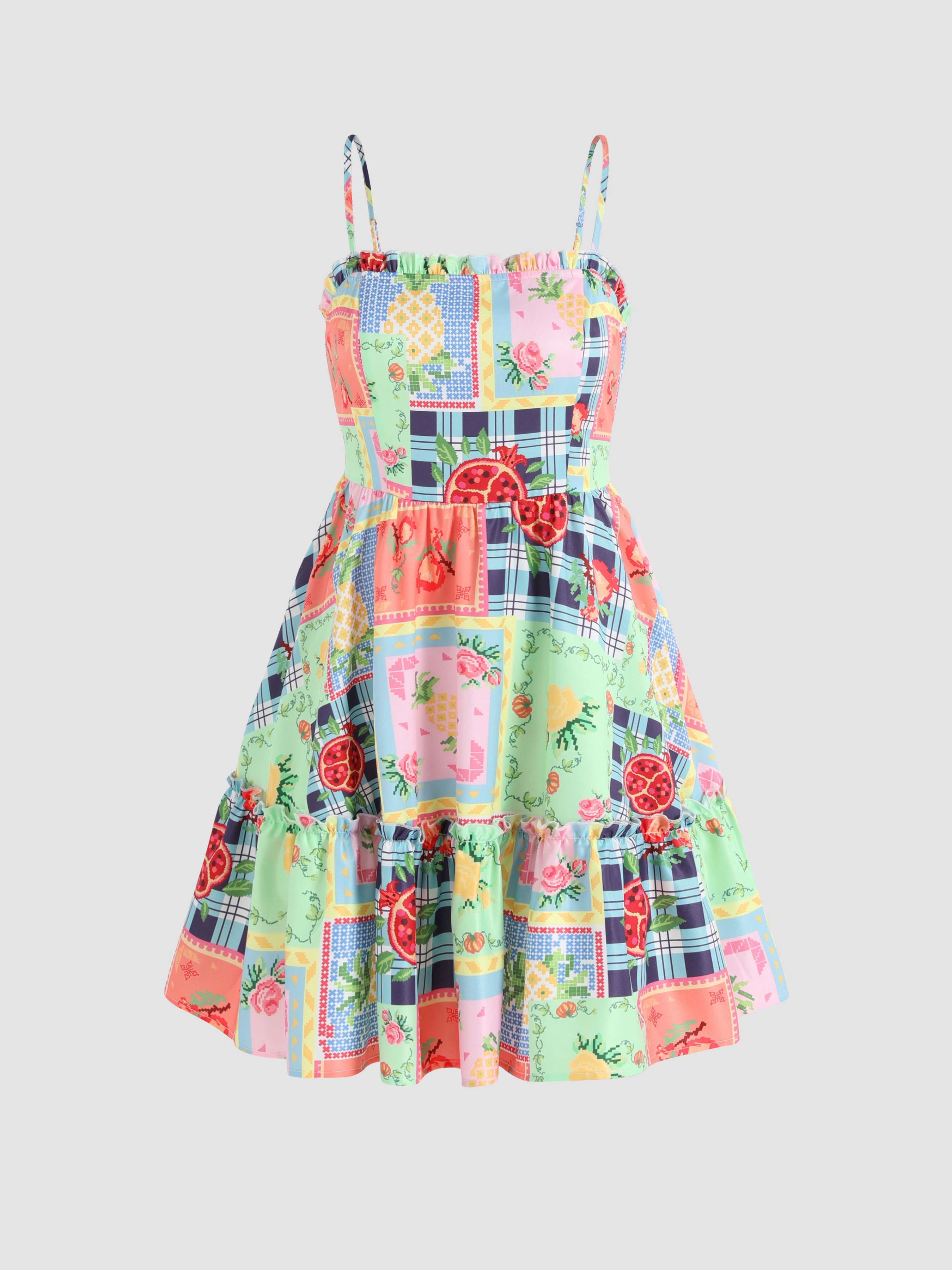 Floral Patchwork Mini Ruffle Dress - Cider