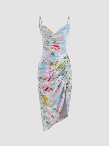  Illusion Blumen Gerafftes Wasserfallausschnitt Midikleid