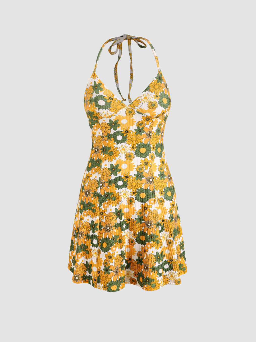 Knit Fabric Sunflower Halter Mini Dress