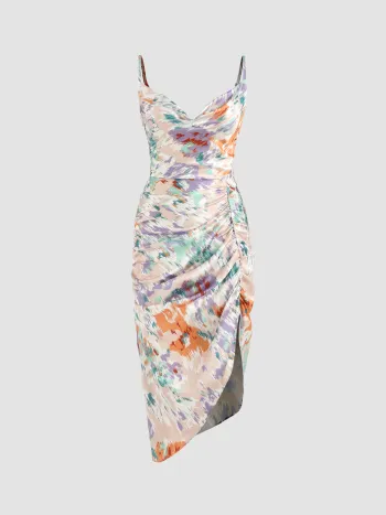 Illusion Floral Ruched Cowl Neck Midi Dress