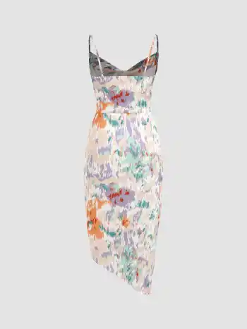 Illusion Floral Ruched Cowl Neck Midi Dress