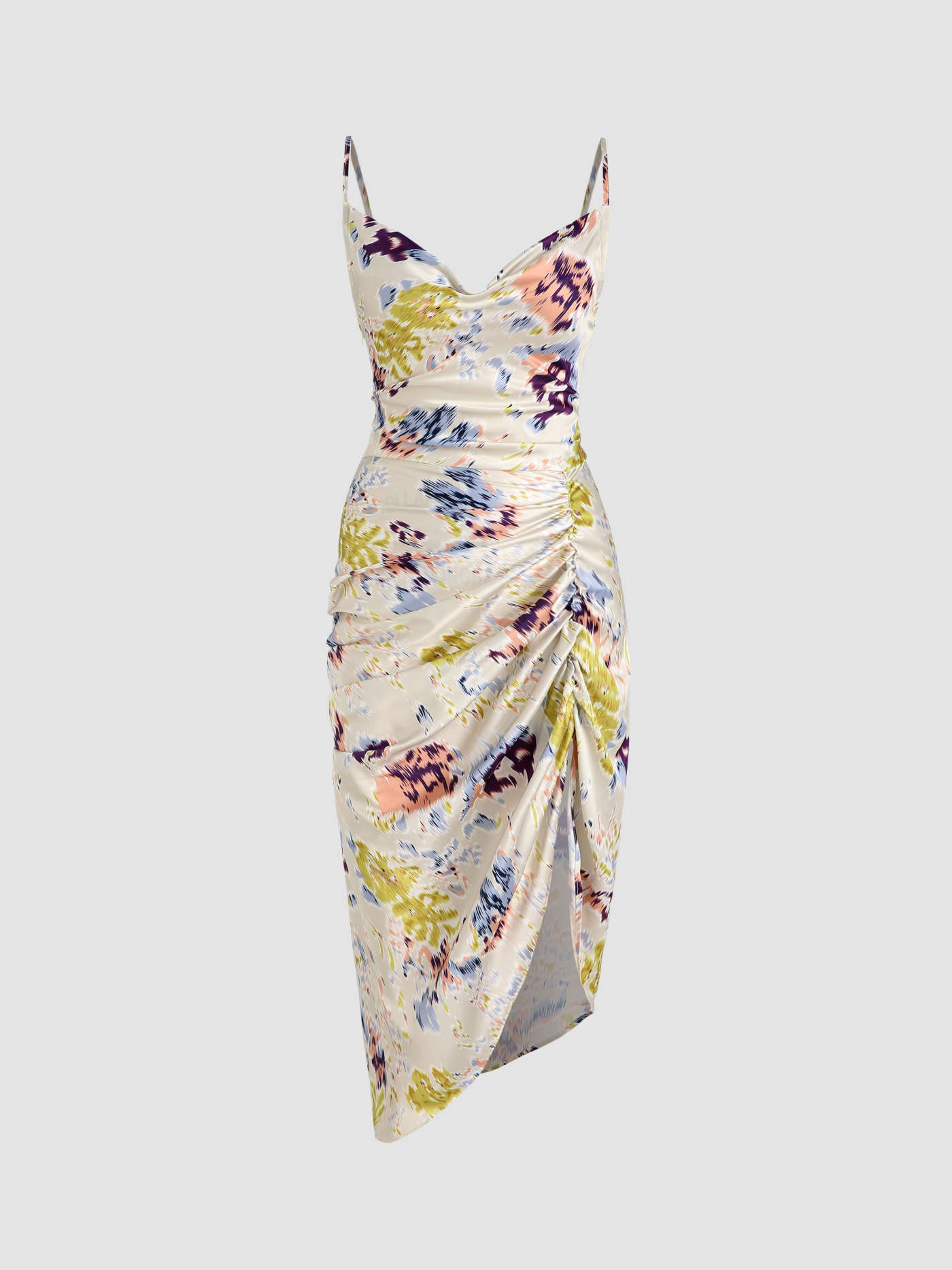 Cocktail Engagement Wedding Summer Dress Sun Dress Formal Dresses Spring Dress Wedding Guest Dress Graduation Dress Grad Dresses Summer Dresses Coquette Homecoming Dress Hoco Dresses Satin Illusion Floral Ruched Cowl Neck Midi Dress For Vacation