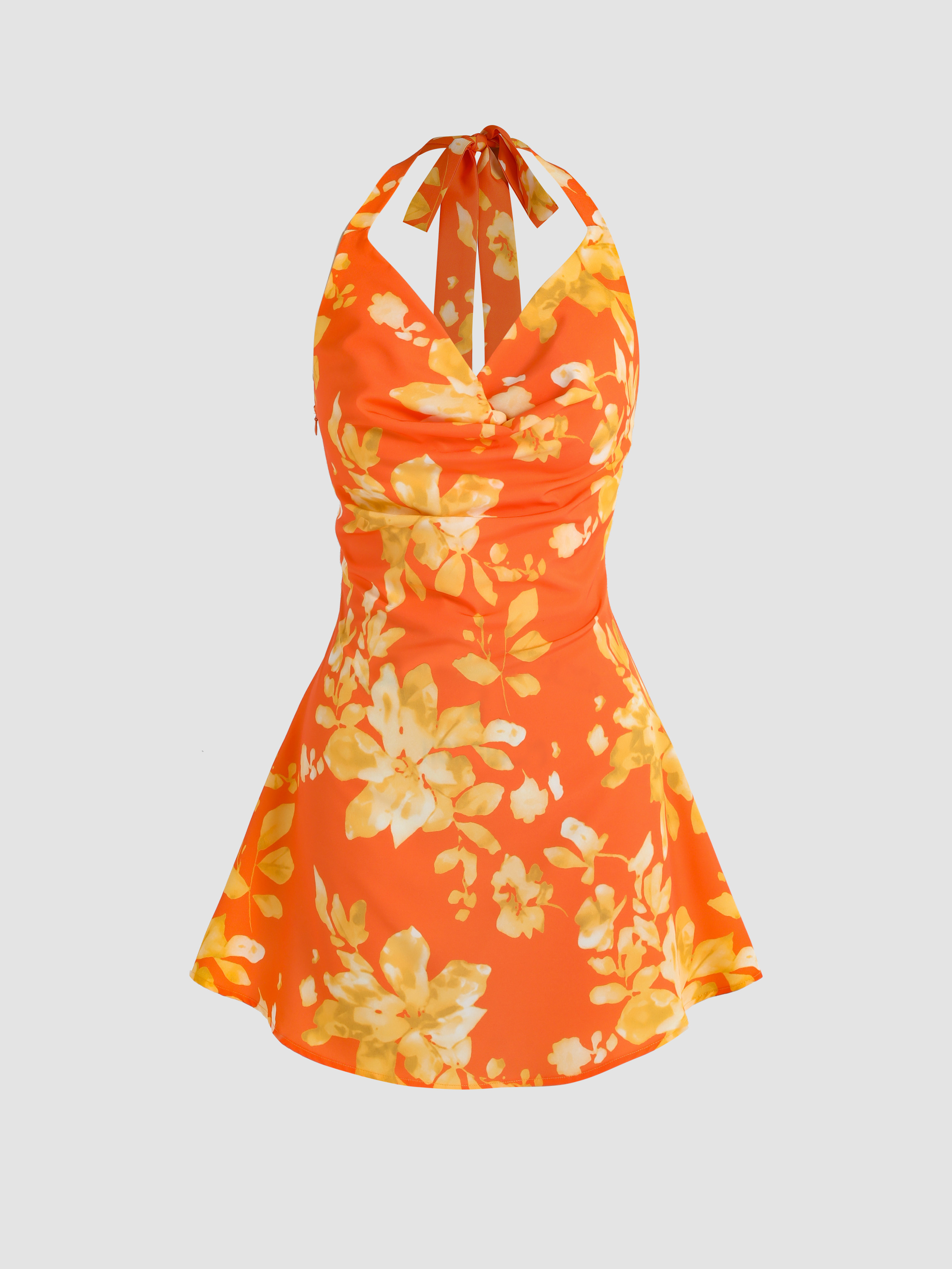 Floral Cowl Neck Halter Mini Dress