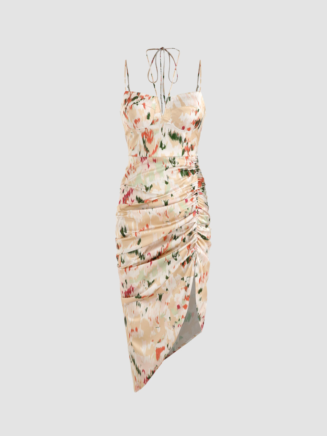  Illusion Blumen Gerafftes Halter Midikleid