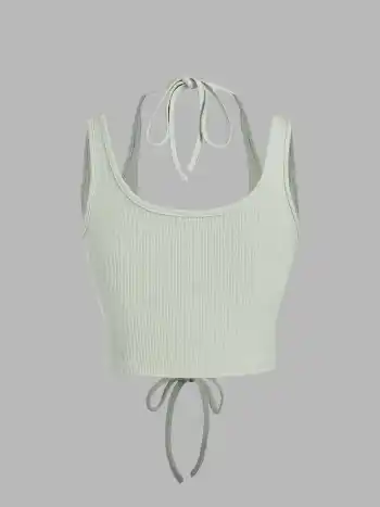 Solid Lace Up Rib Knit Crop Cami Top