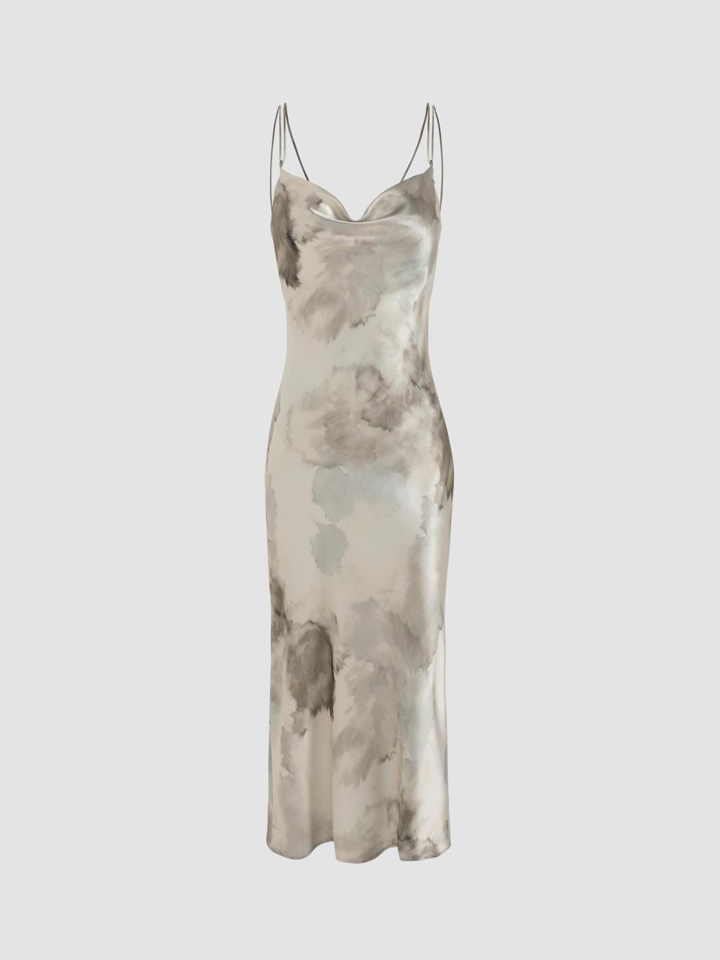 Satin-Aquarell-Midikleid mit Wasserfallausschnitt