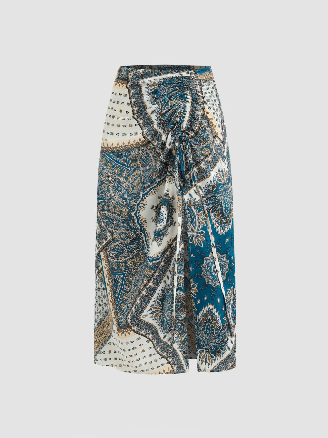 Boho Paisley Drawstring Slit Midi Skirt For Vacation
