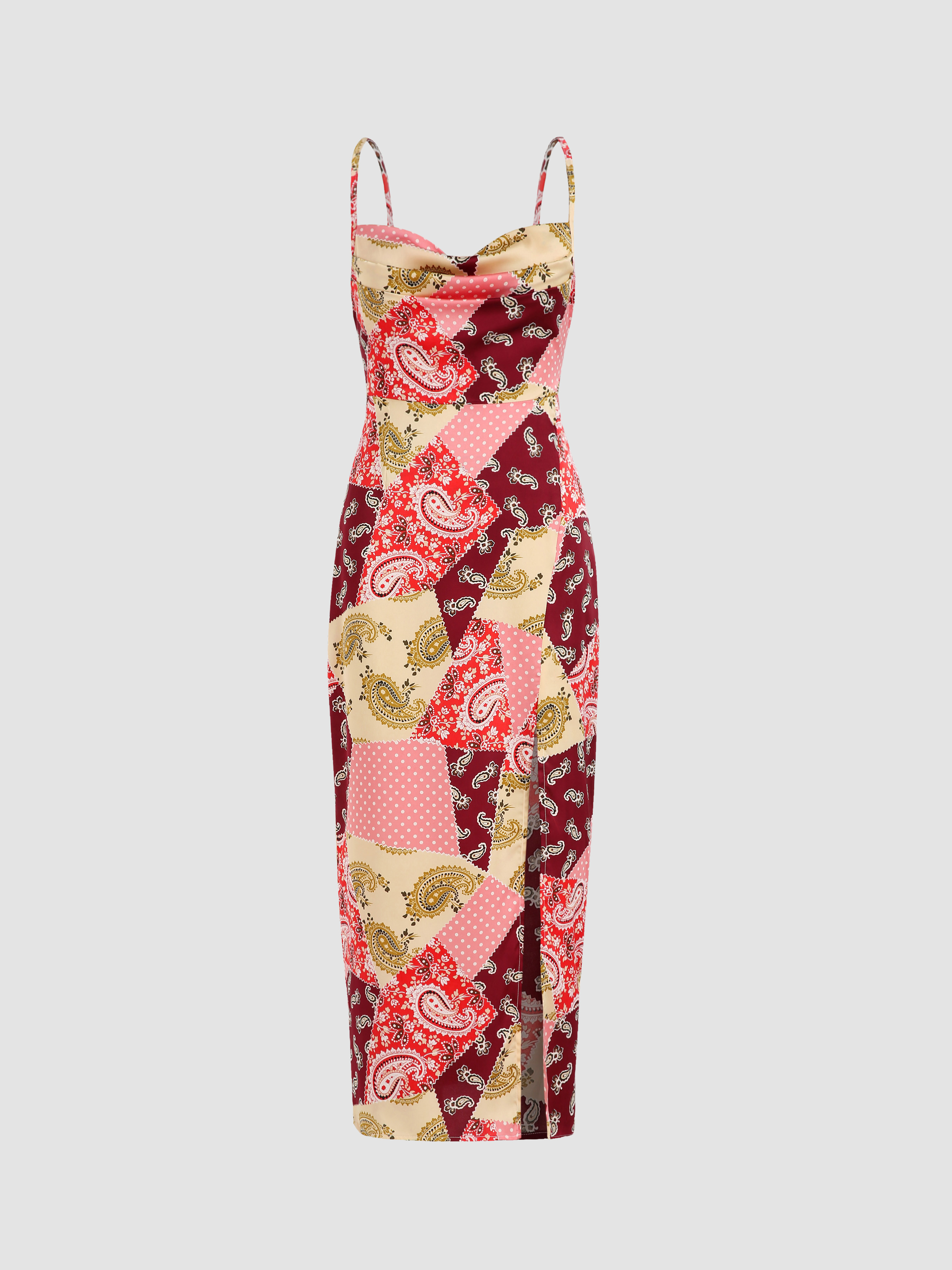 Boho Paisley Patchwork Slit Maxi Dress - Cider