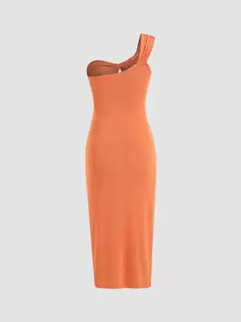 Einfarbiges One-Shoulder-Midikleid