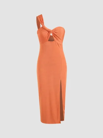 Einfarbiges One-Shoulder-Midikleid