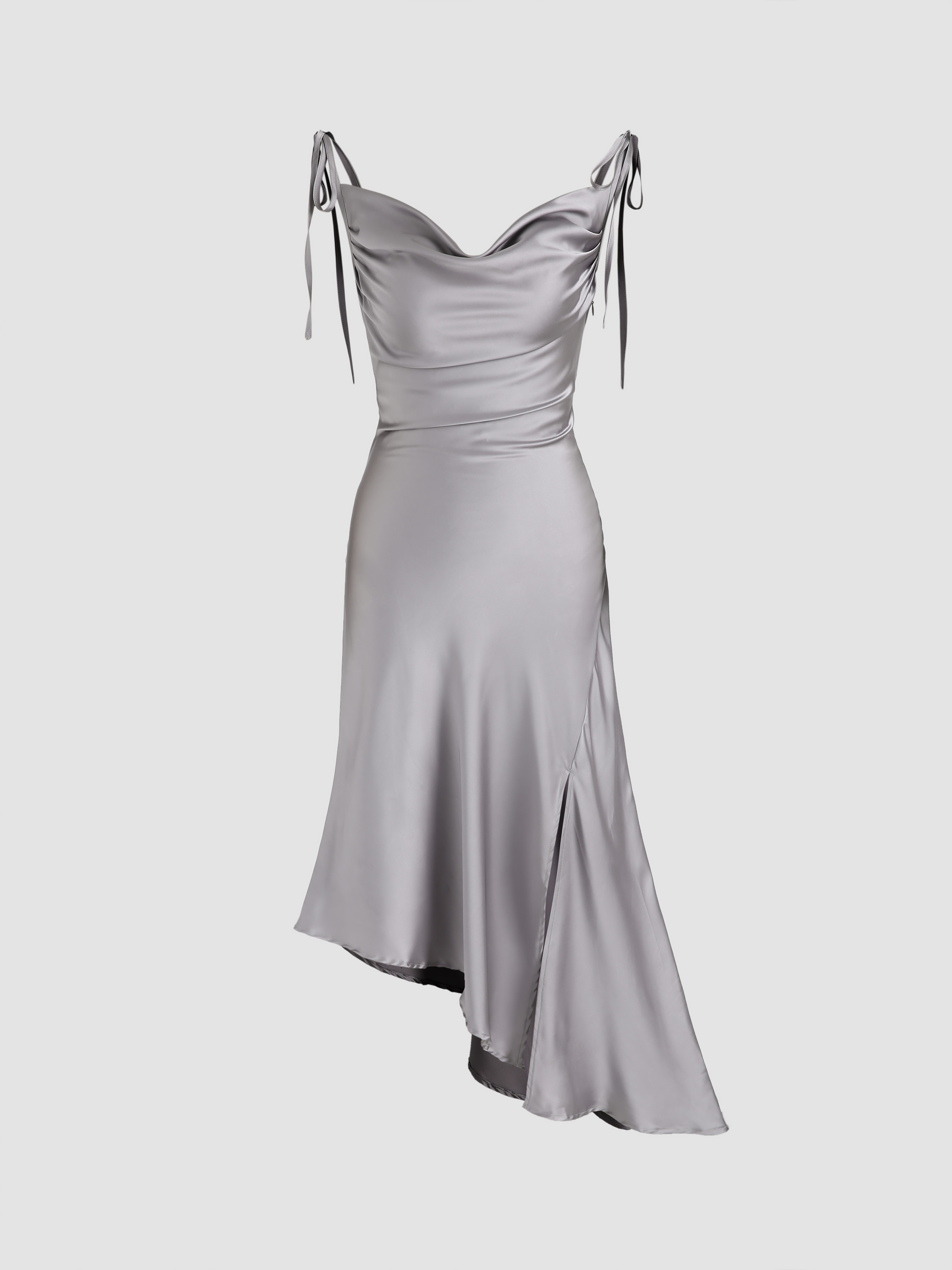 Satin Solid Cowl Neck Asymmetrical Hem Midi Dress For Exhibition Wedding