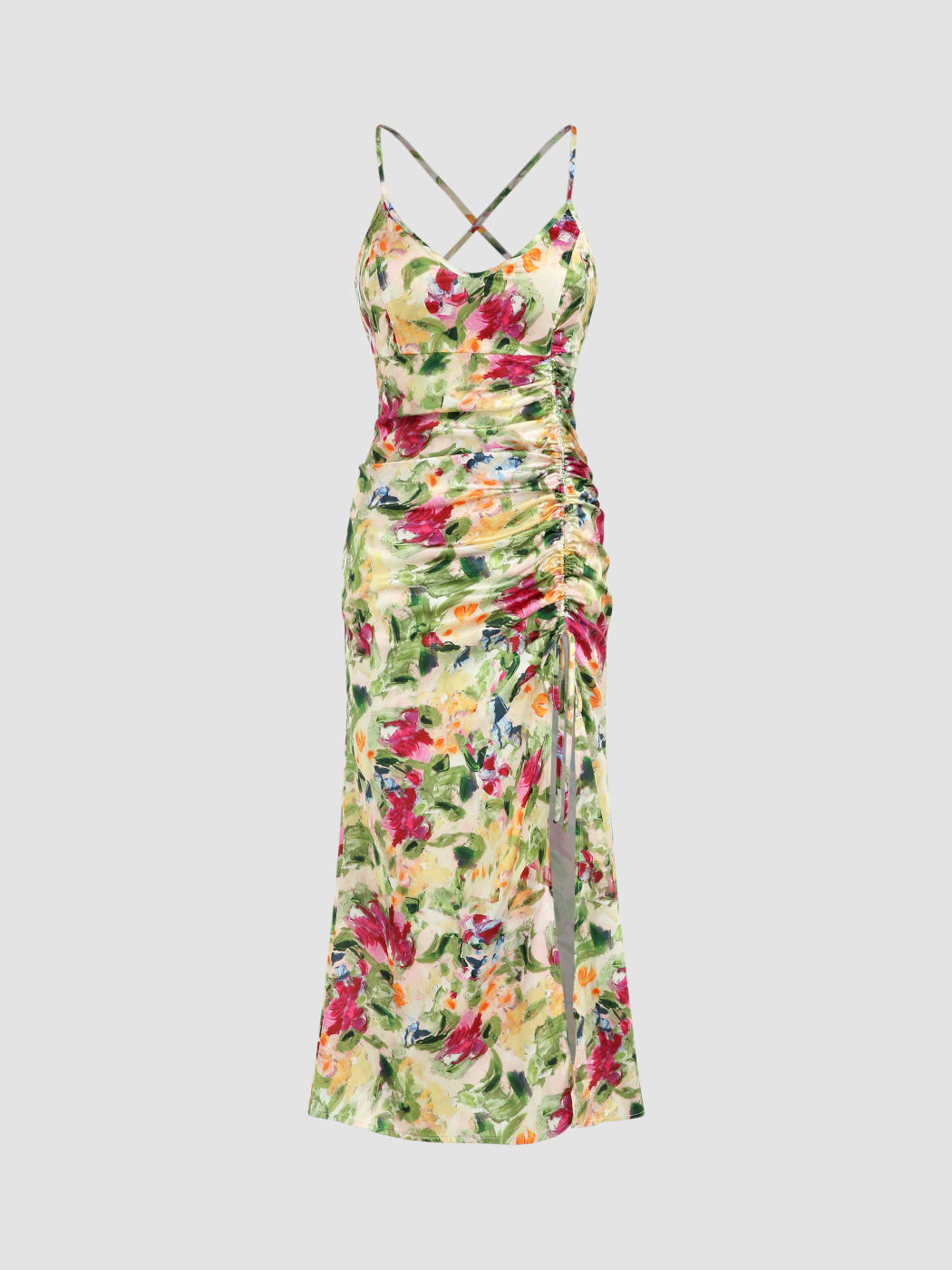 Floral Painting Drawstring Maxi Dress - Cider