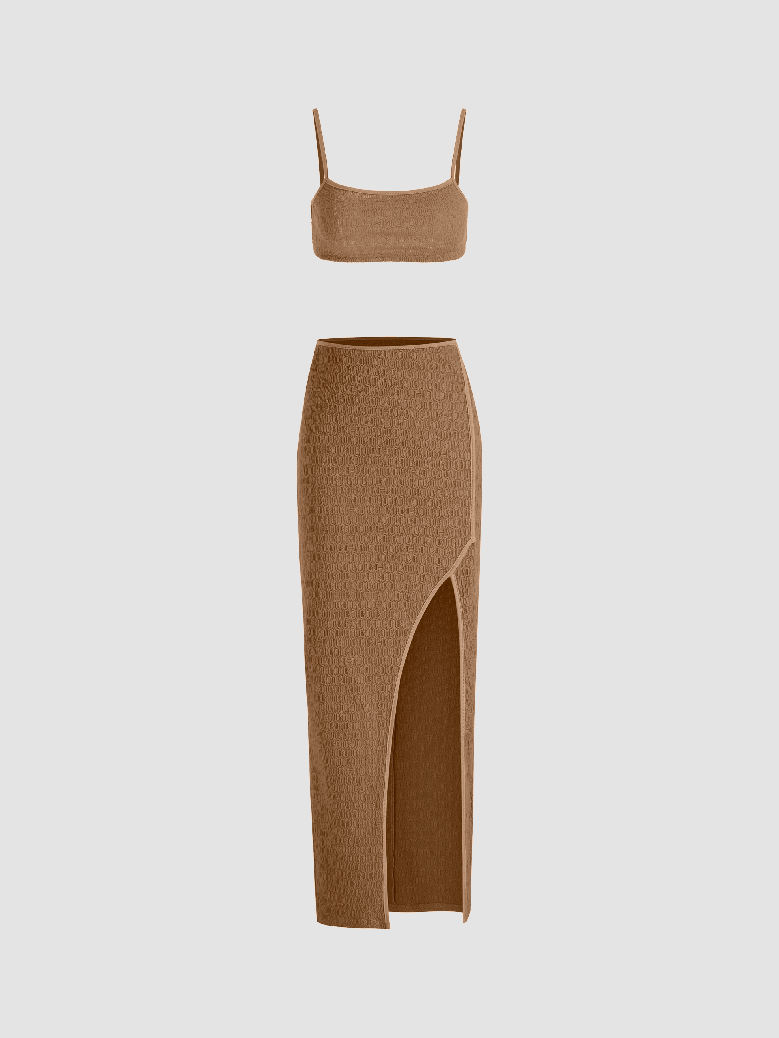 【Cider】リブ タンクトップ ＆ スリット スカート SET Knit Fabric Solid Texture Crop Tank Top & Slit Skirt Set For