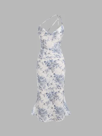 Floral & Dragonfly Cowl Neck Midi Dress